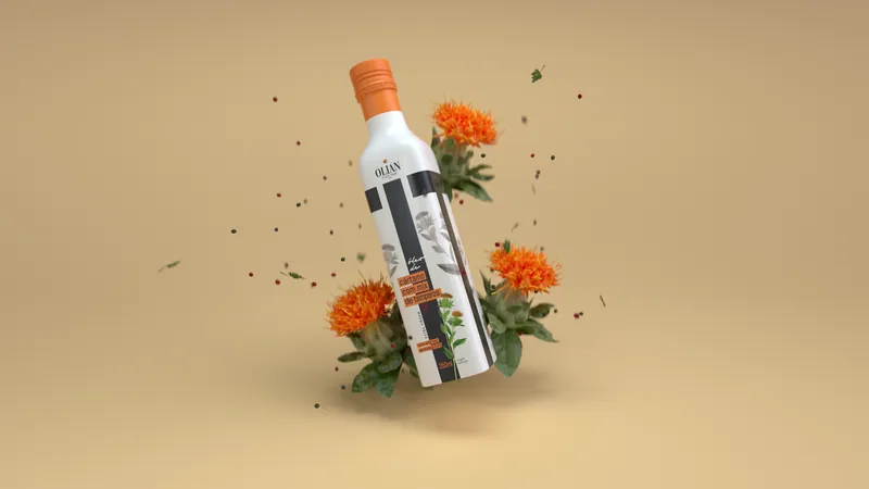 3D render of an Olian Fit safflower oil bottle among orange flowers