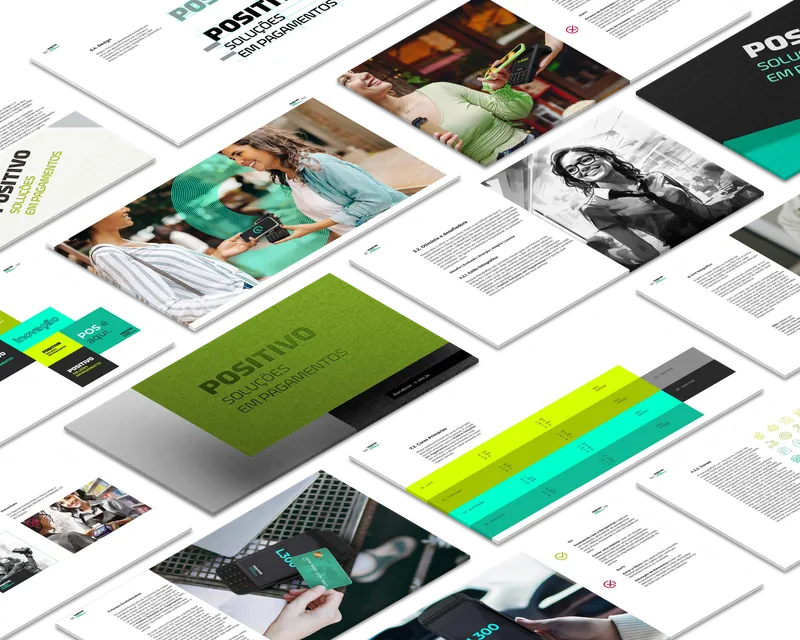 Pages of the Positivo Soluções em Pagamentos brand guidelines, in green, white and black