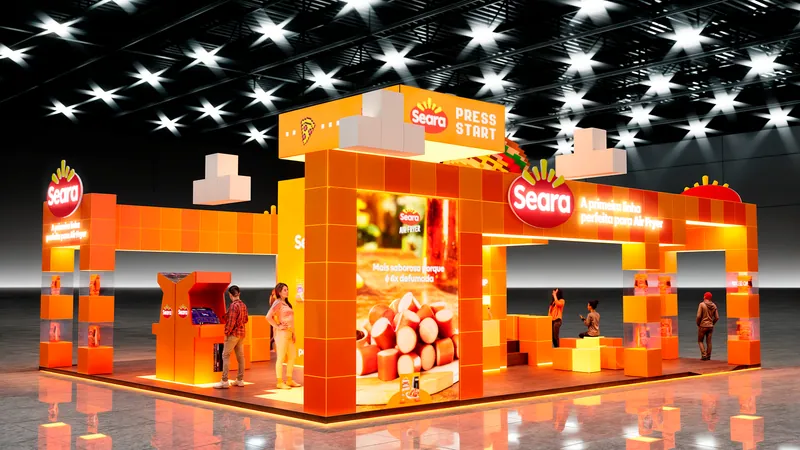3D render of an orange Seara stand built from stacked blocks, for Gamescom