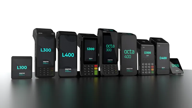 3D render of a full line of payment terminals on a dark stage