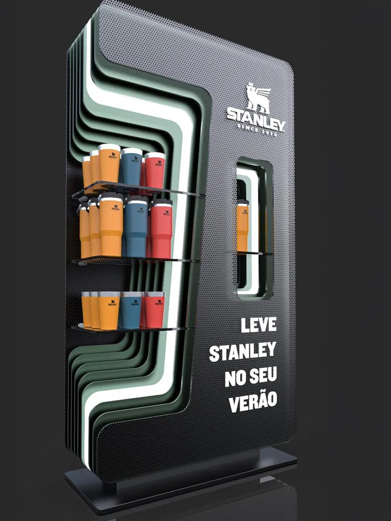 3D render of a Stanley point-of-sale display with tumblers